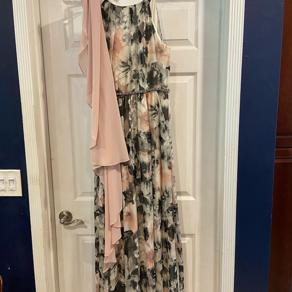 WORN ONCE. Pink & Gray Maxi Dress w/Jeweled Belt and Wrap
